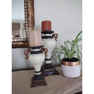Pair Of Resin Candle Holders Ivory‎ Marble Square Base